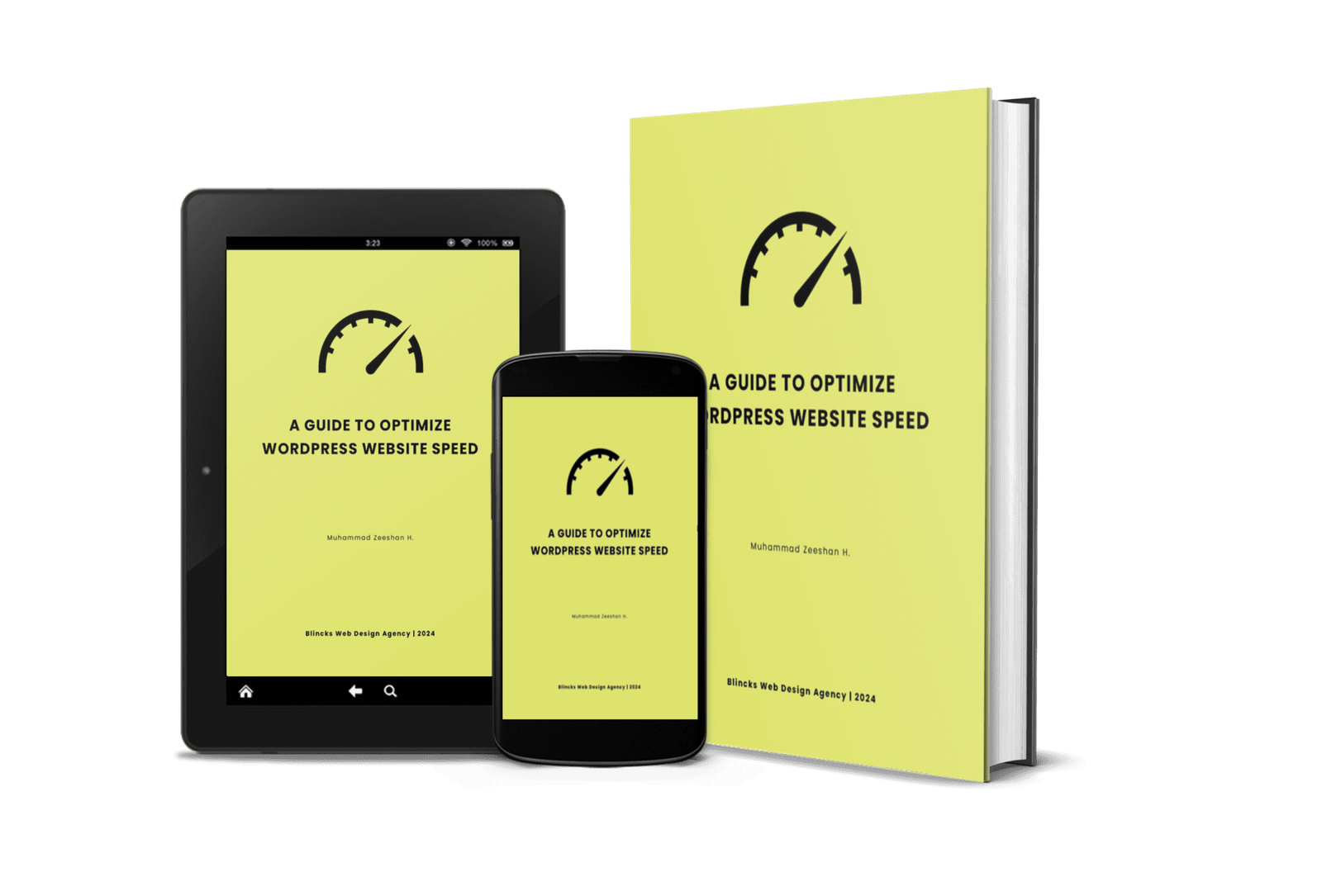 A Guide To Optimize WordPress Website Speed eBook mockup, showing ebook, tablet and mobile view