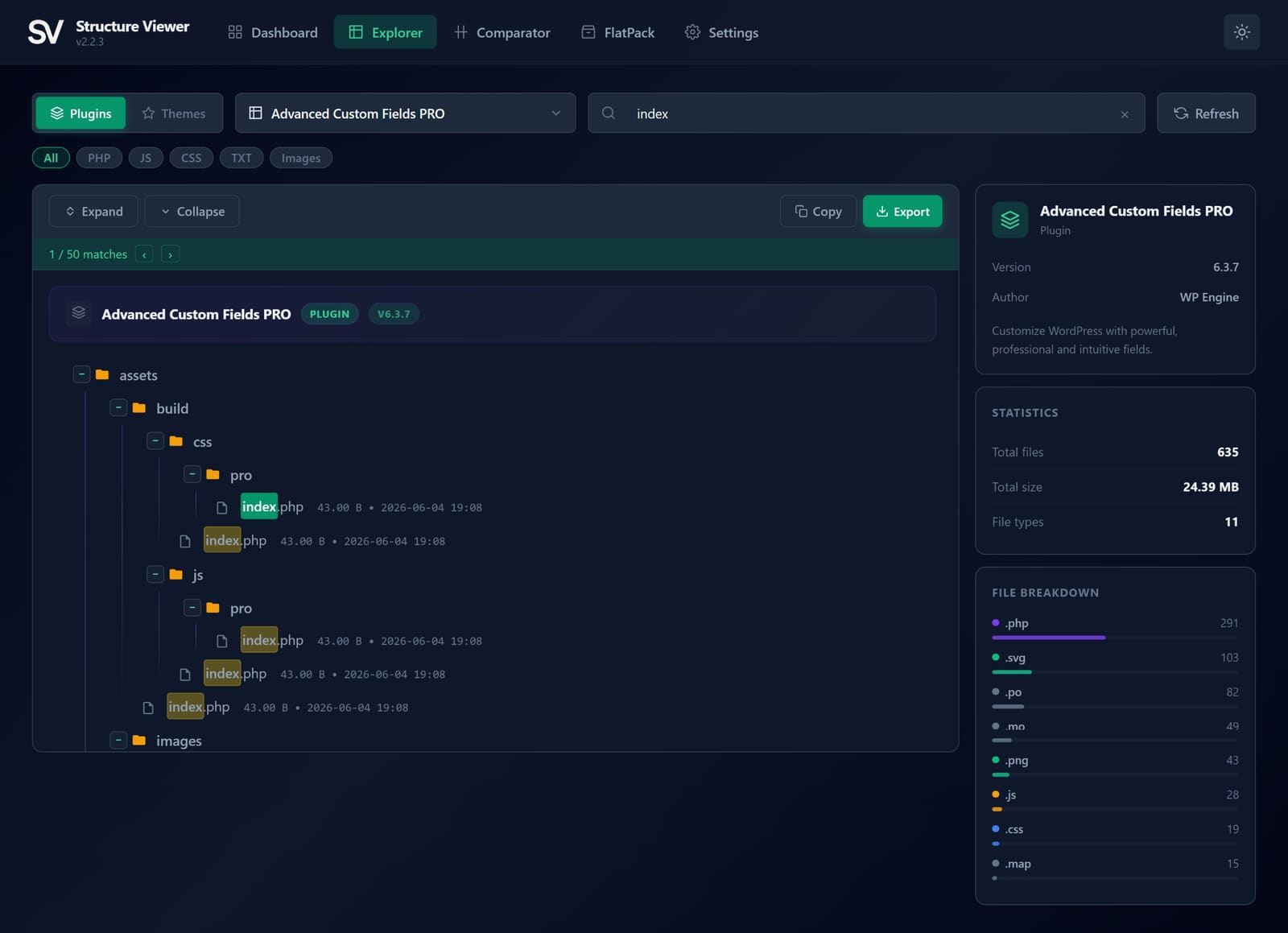 Explorer — interactive file tree with live search and file type filtering