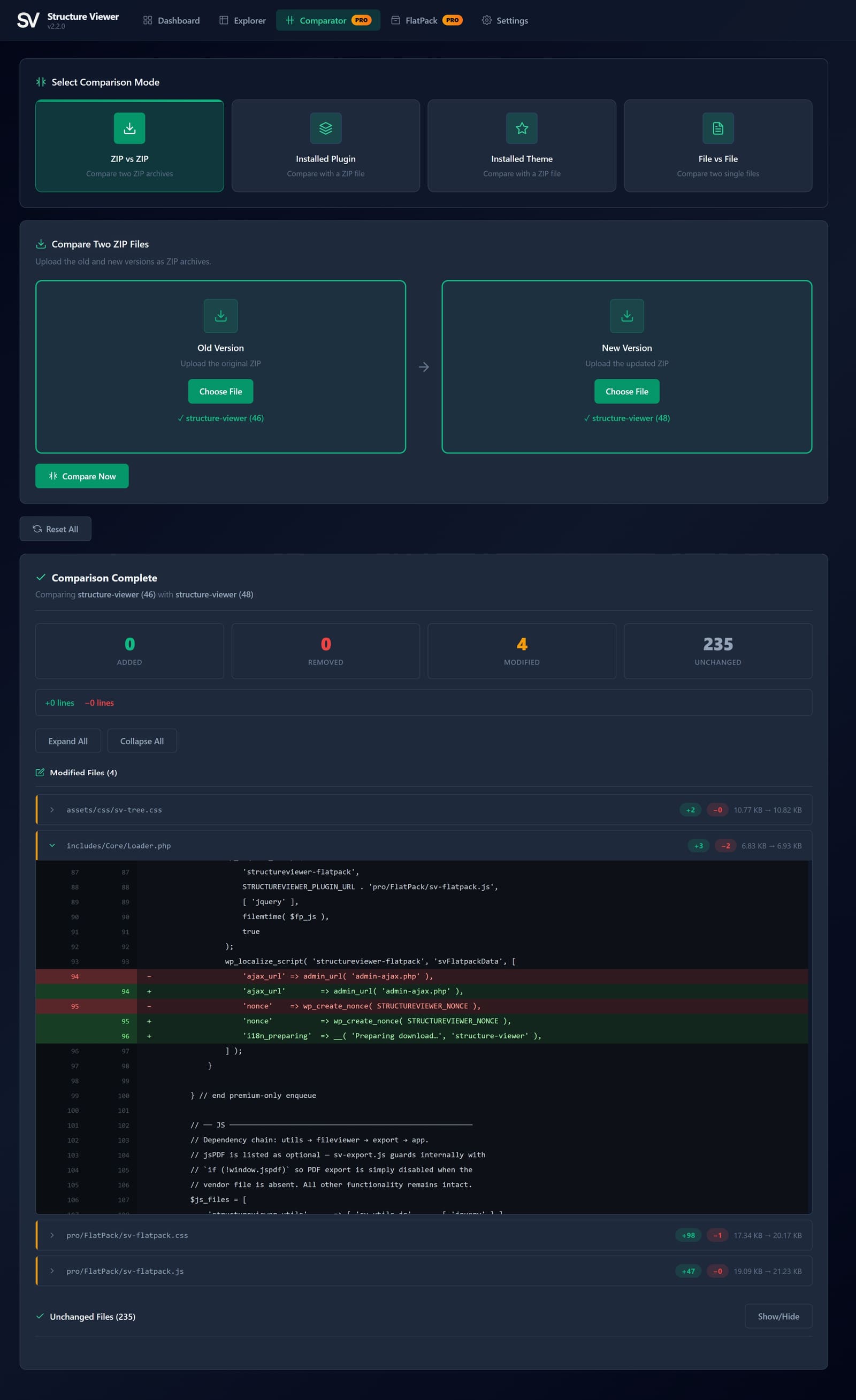 Pro: Comparator — color-coded diff between two plugin versions