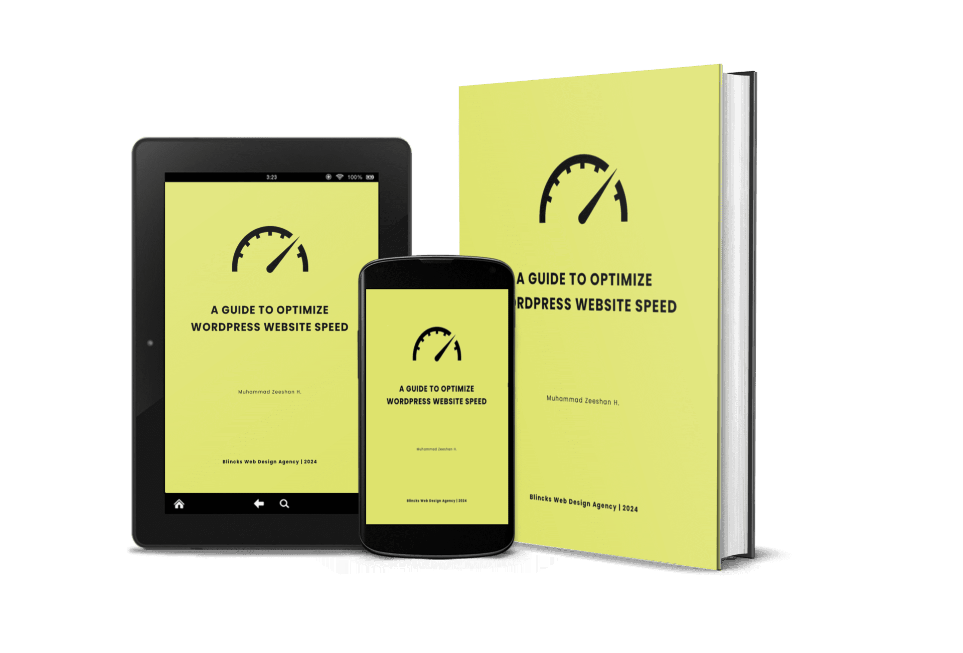 a guide to optimize wordpress website speed ebook mockup, showing ebook, tablet and mobile view